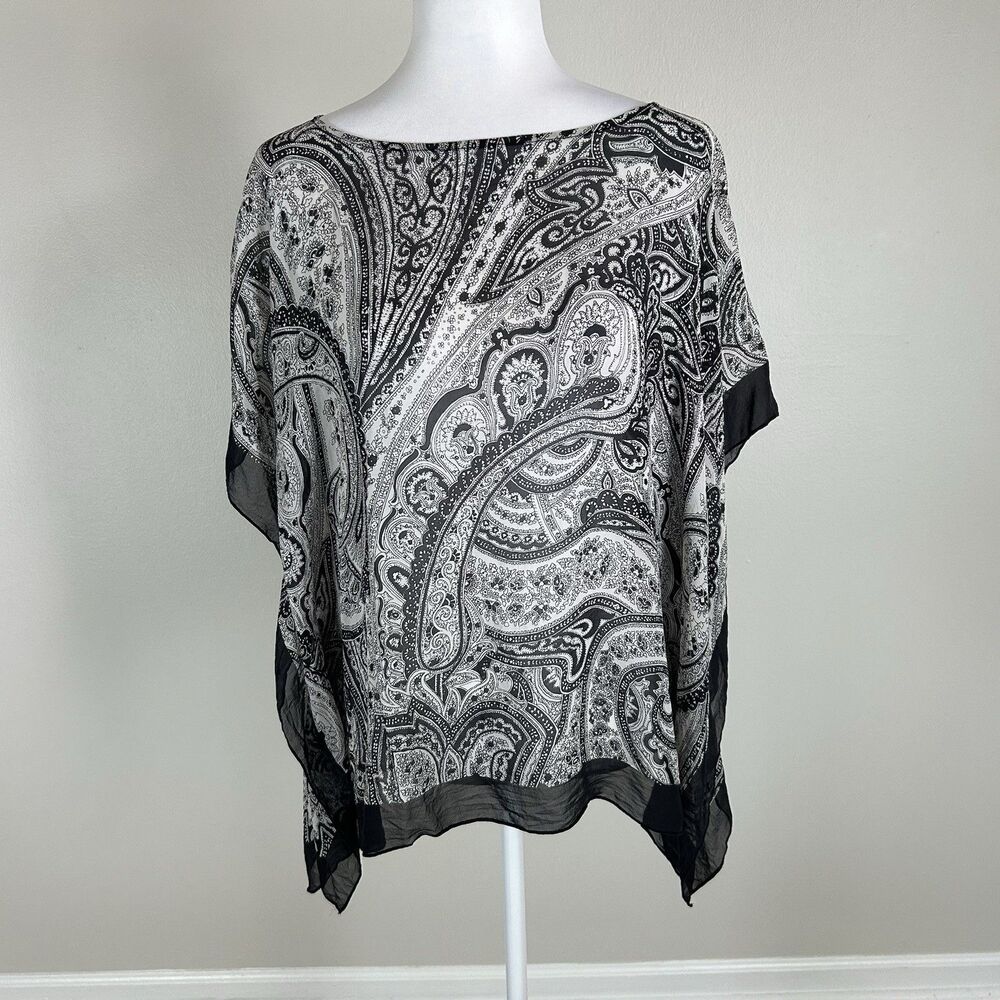 Talbots S/M Silk Bandana Top Scarf Black Sheer Blouse Kimono Sleeve Butterfly